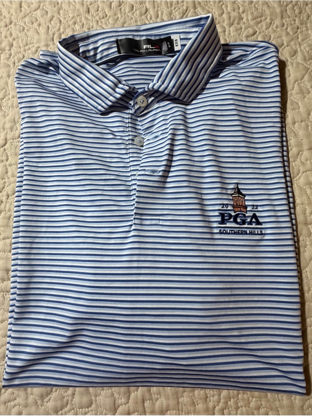 RLX Ralph Lauren blue white striped polo Southern Hills PGA Size XL